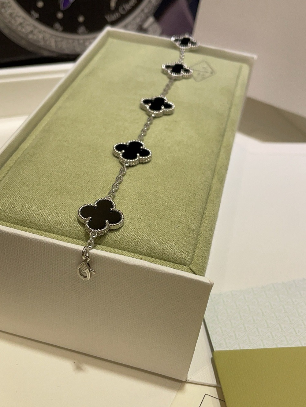 Van Cleef & Arpels Sterling Silver Bracelet with Black Clover Motifs